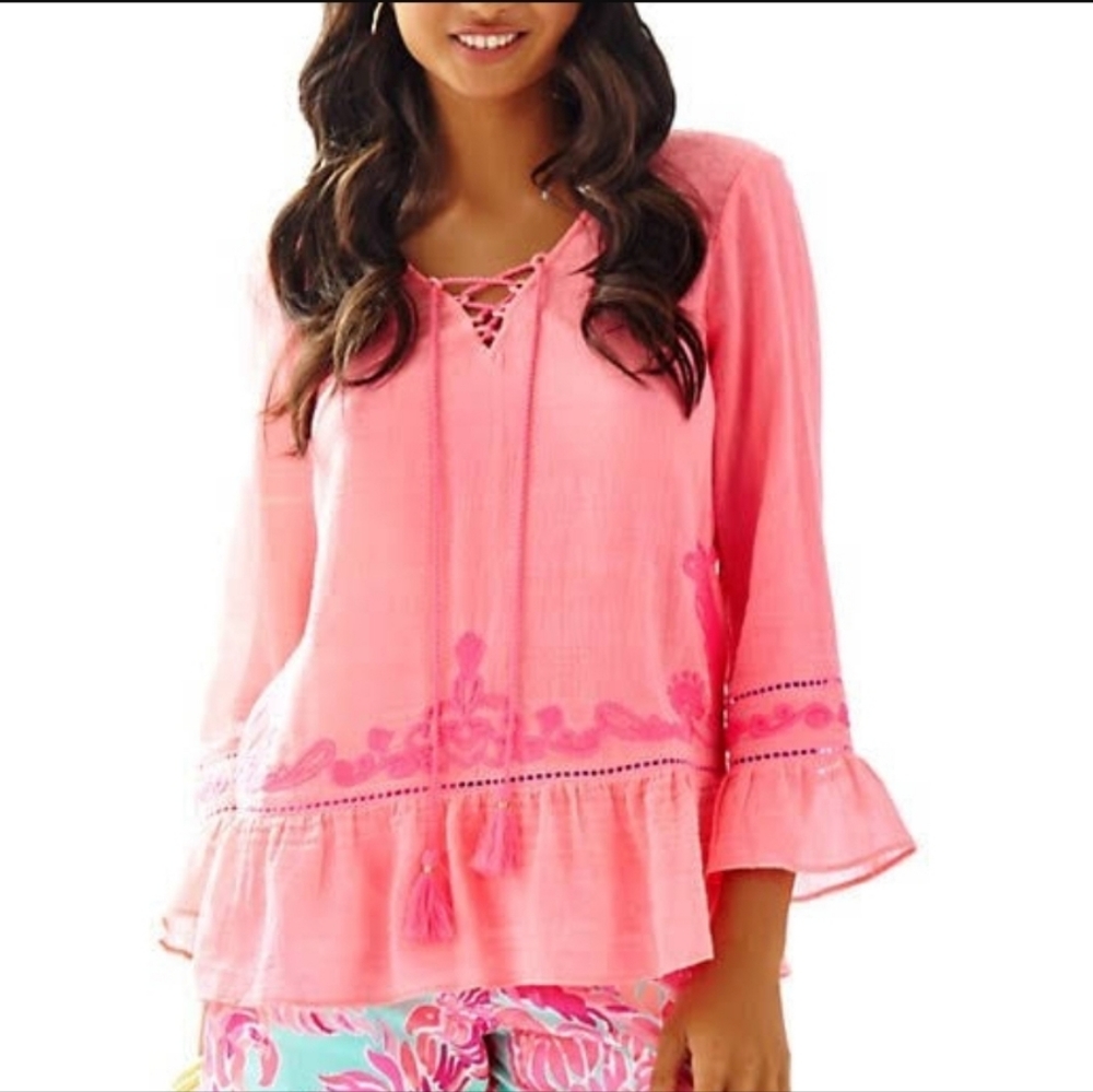 Lilly Pulitzer Tallulah Embroidered Boho Pink Sun Ray Tunic Top - S